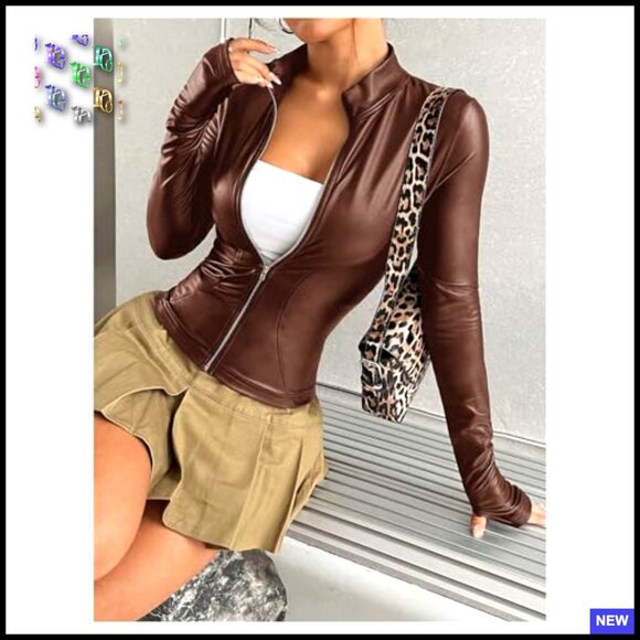 Faux Leather Jacket Slim Fit Zip Up Long Sleeve Winter Coat Chic Outerwear - Picture 5 of 5